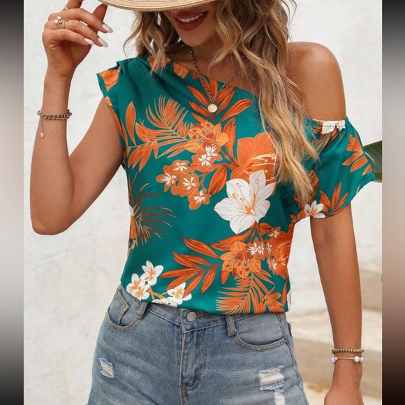 Boho Floral Tropical Print Asymmetrical Neck Batwing Sleeve Top Blouse Green - Picture 4 of 6